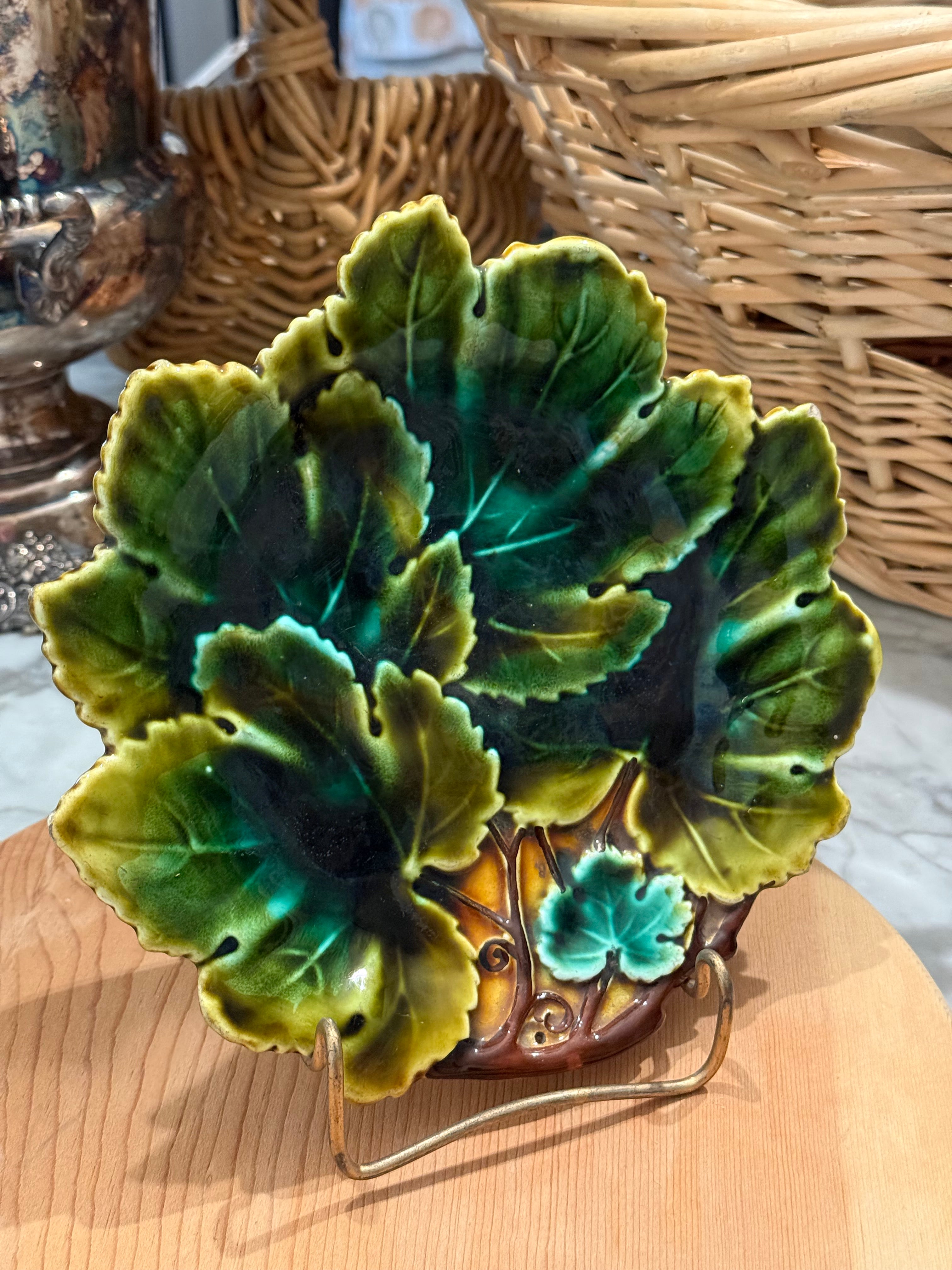 Antique Josef Steidl Znaim Majolica Green Cabbage Leaf Plate