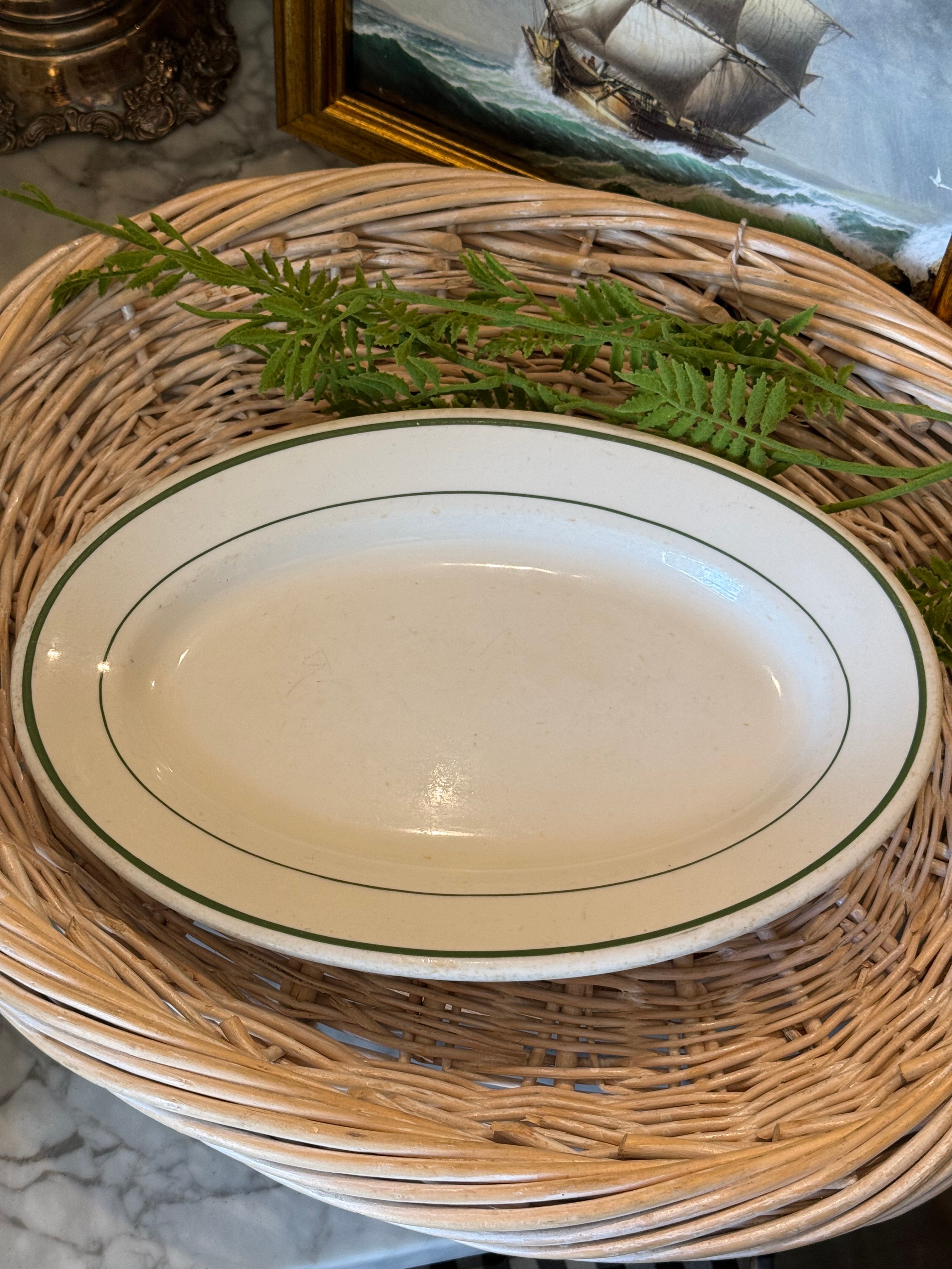 Vintage Green Stripe Buffalo China Restaurantware Oval Platter