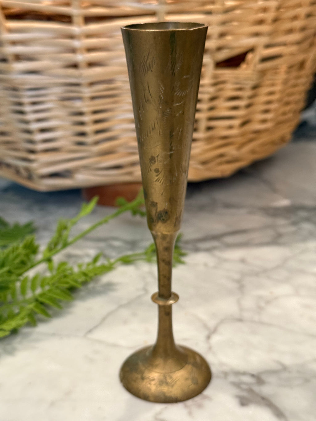 Vintage Brass Etched Thin Bud Vase