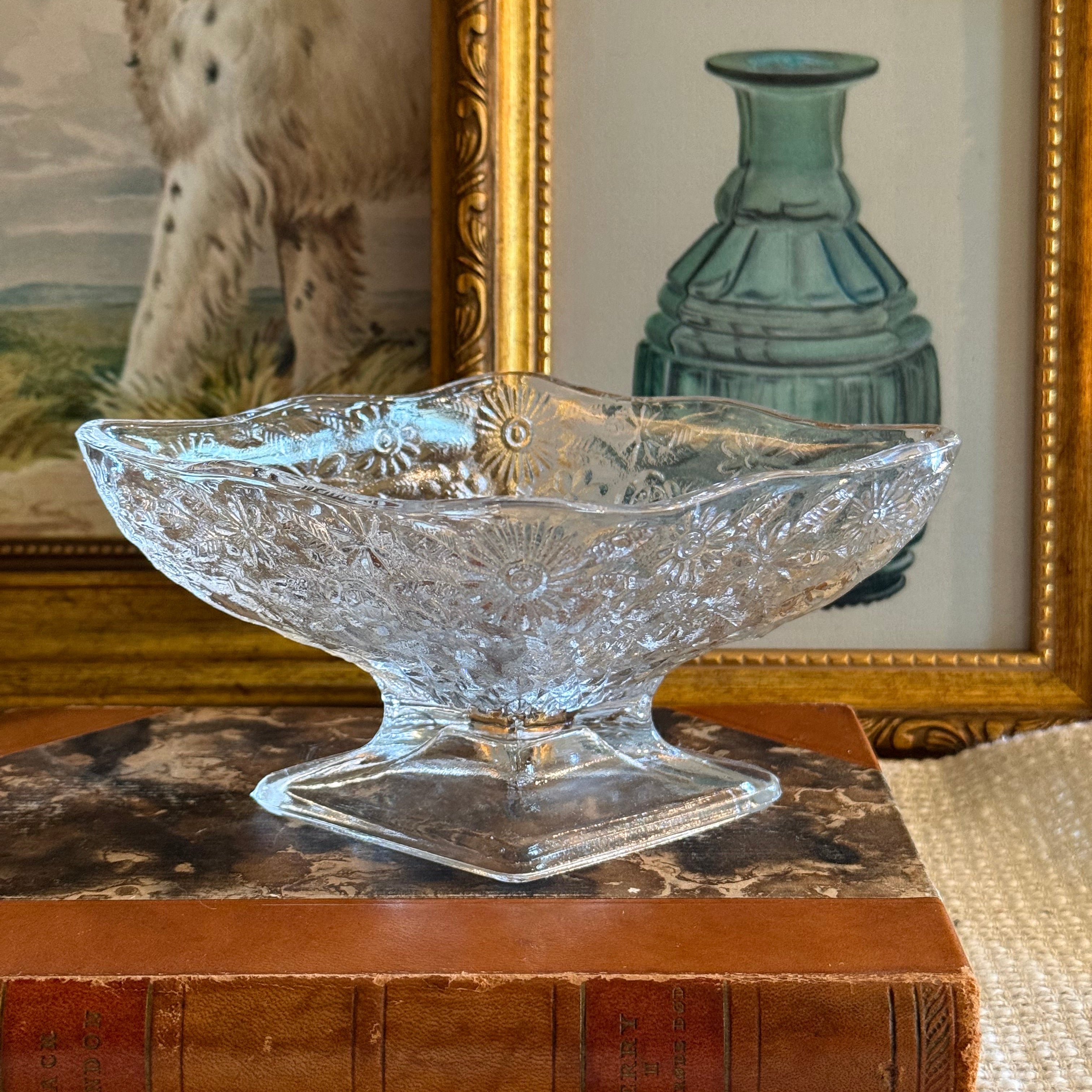 Vintage Indiana Glass Clear Pineapple and Floral Footed Compote Dish