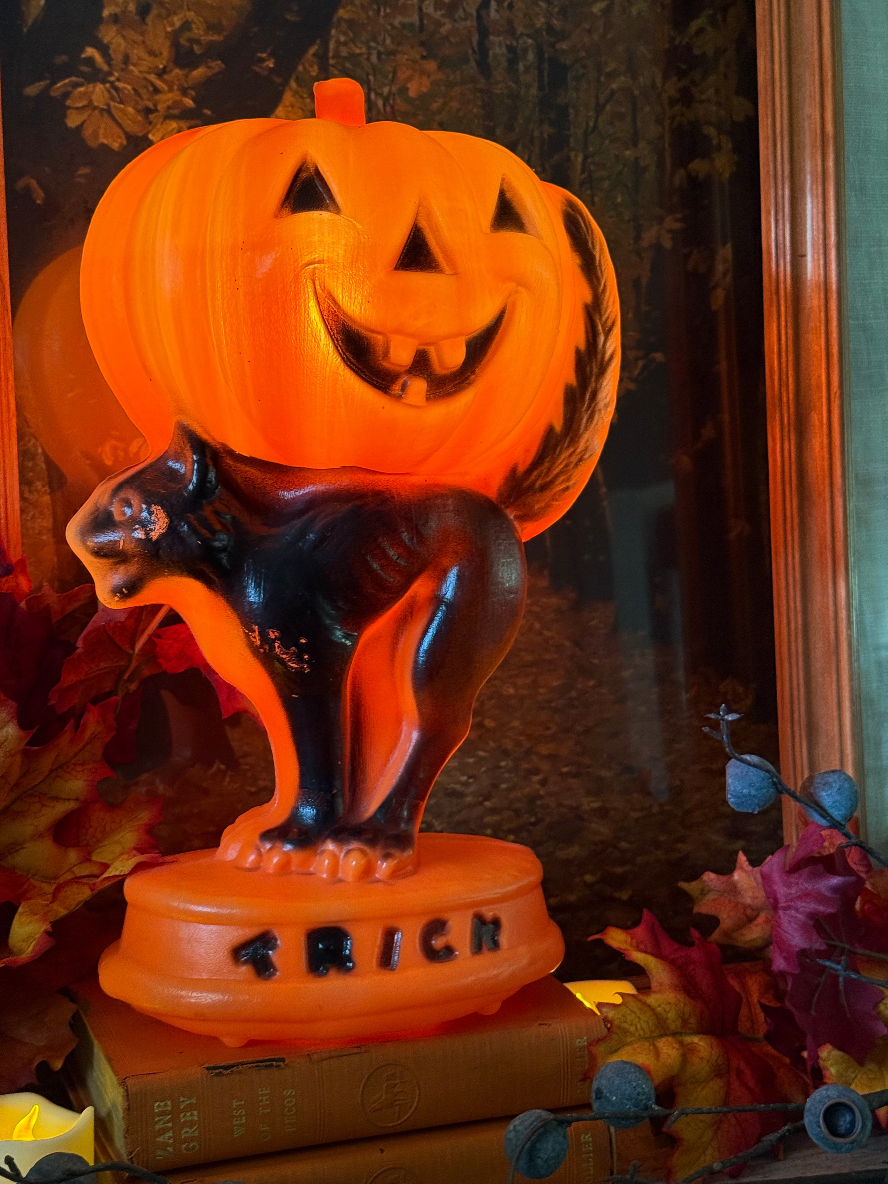 Vintage Halloween "Trick-or-Treat" Blow Mold Orange Pumpkin & Black Cat