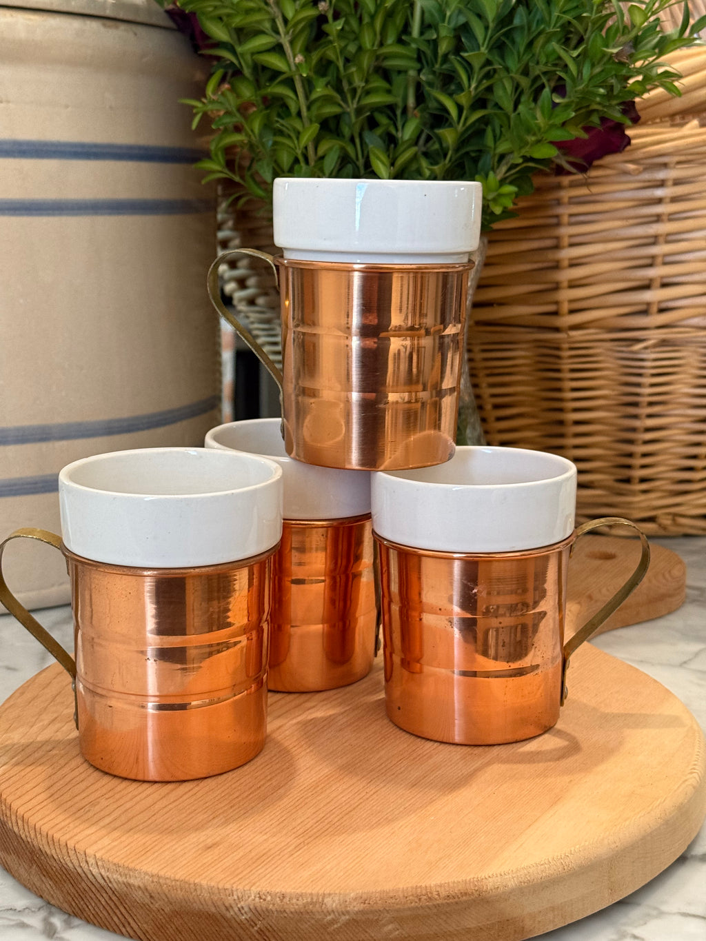 Vintage Copper Insulated Porcelain Mugs, Set of 4