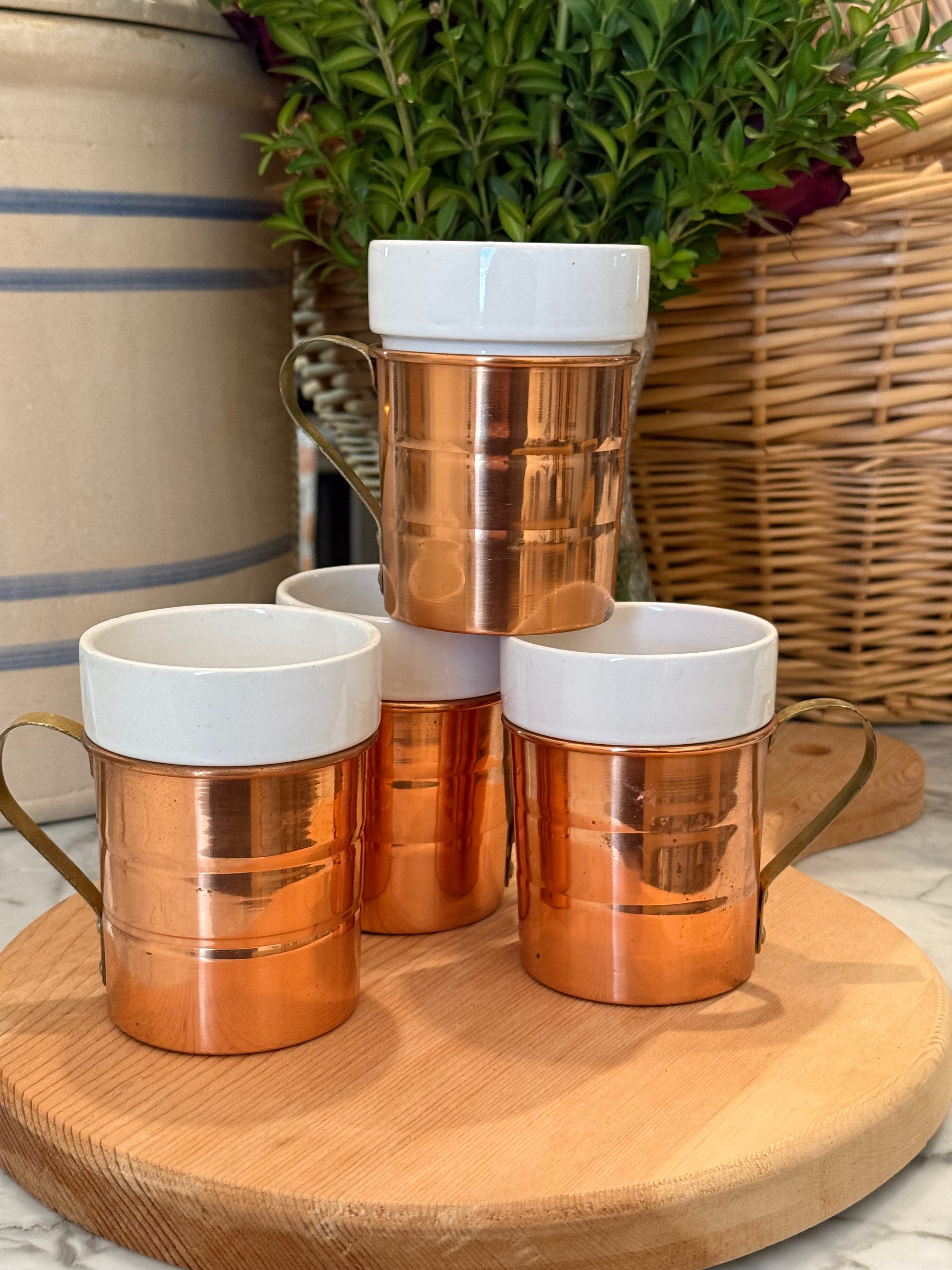 Vintage Copper Insulated Porcelain Mugs, Set of 4