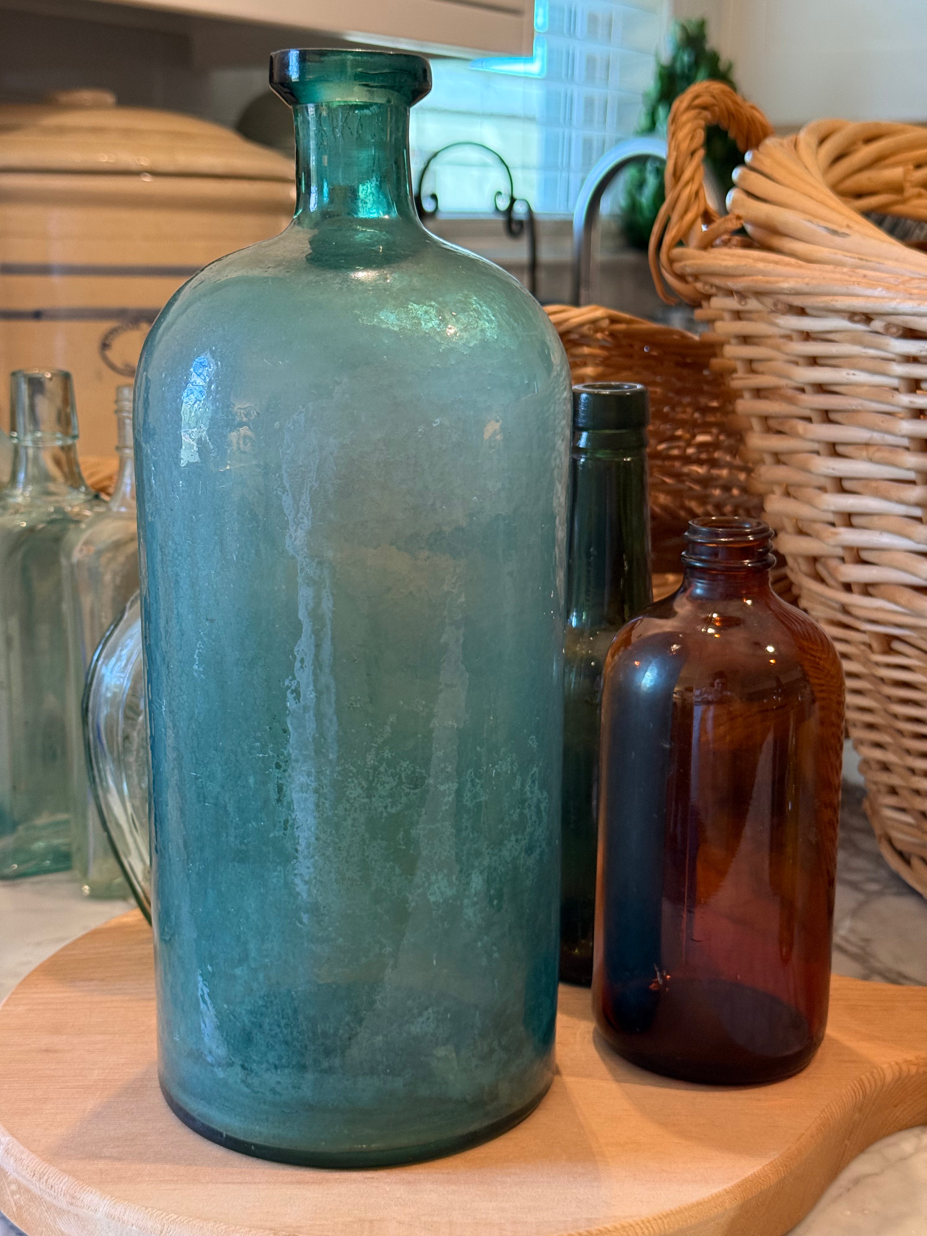Grand Blown Aqua Glass Apothecary Bottle