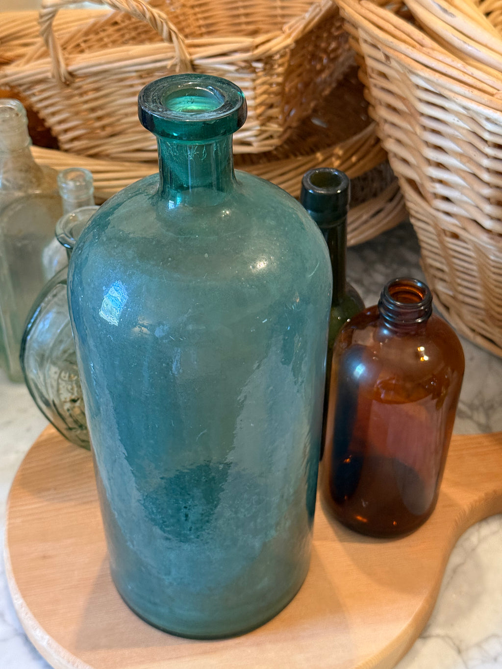 Grand Blown Aqua Glass Apothecary Bottle