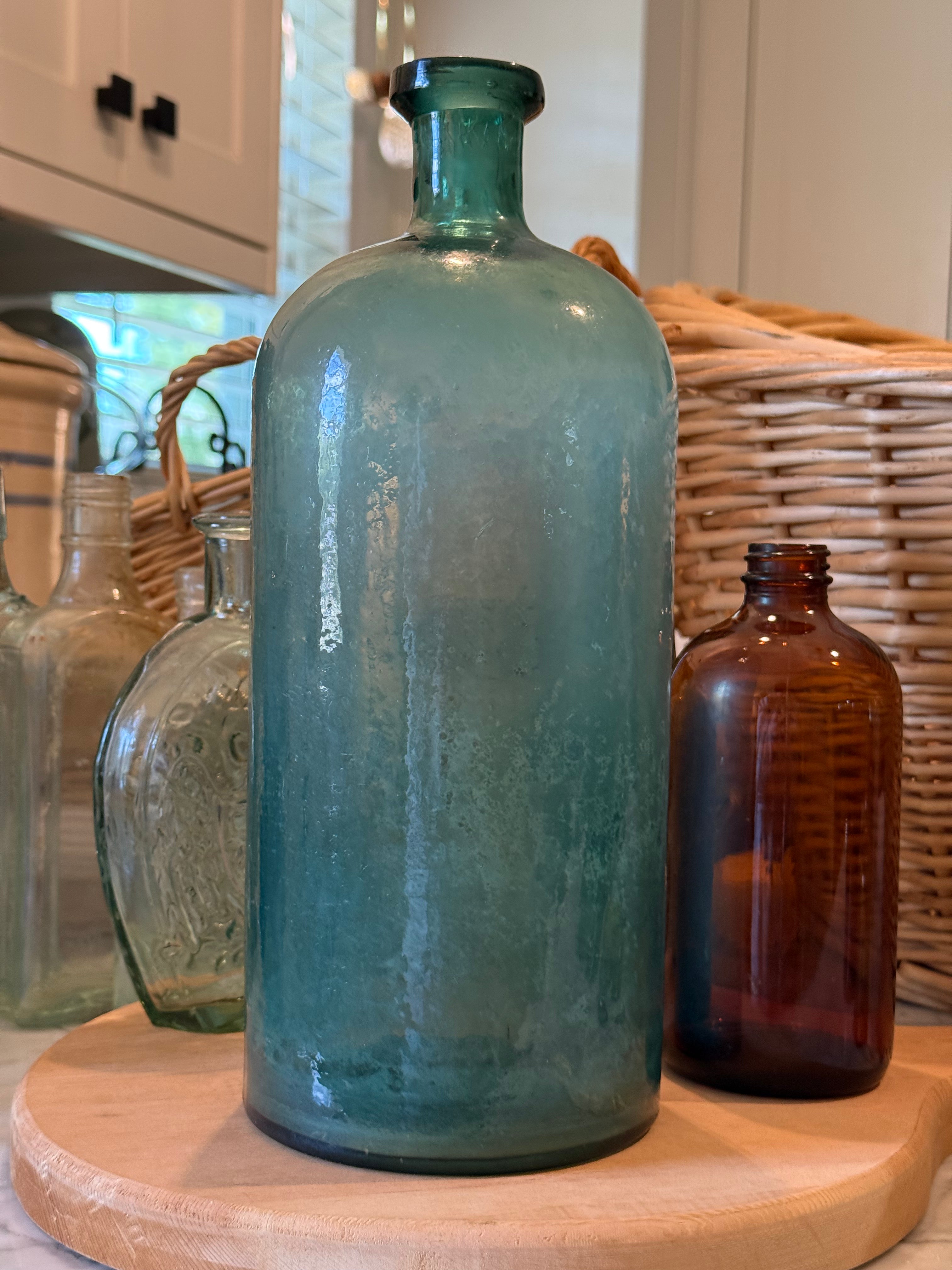 Grand Blown Aqua Glass Apothecary Bottle