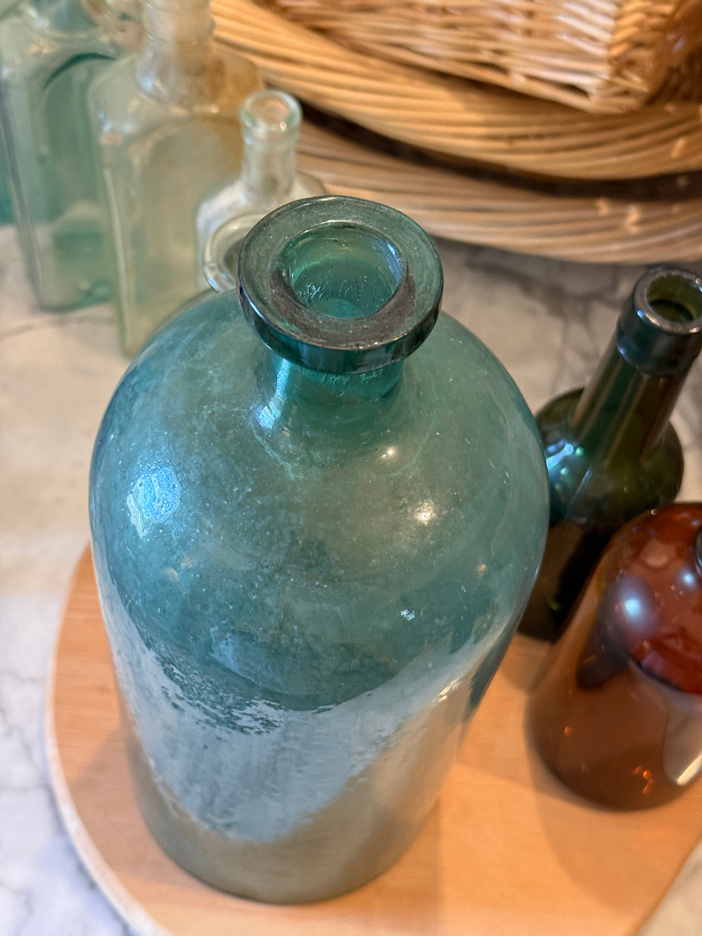 Grand Blown Aqua Glass Apothecary Bottle