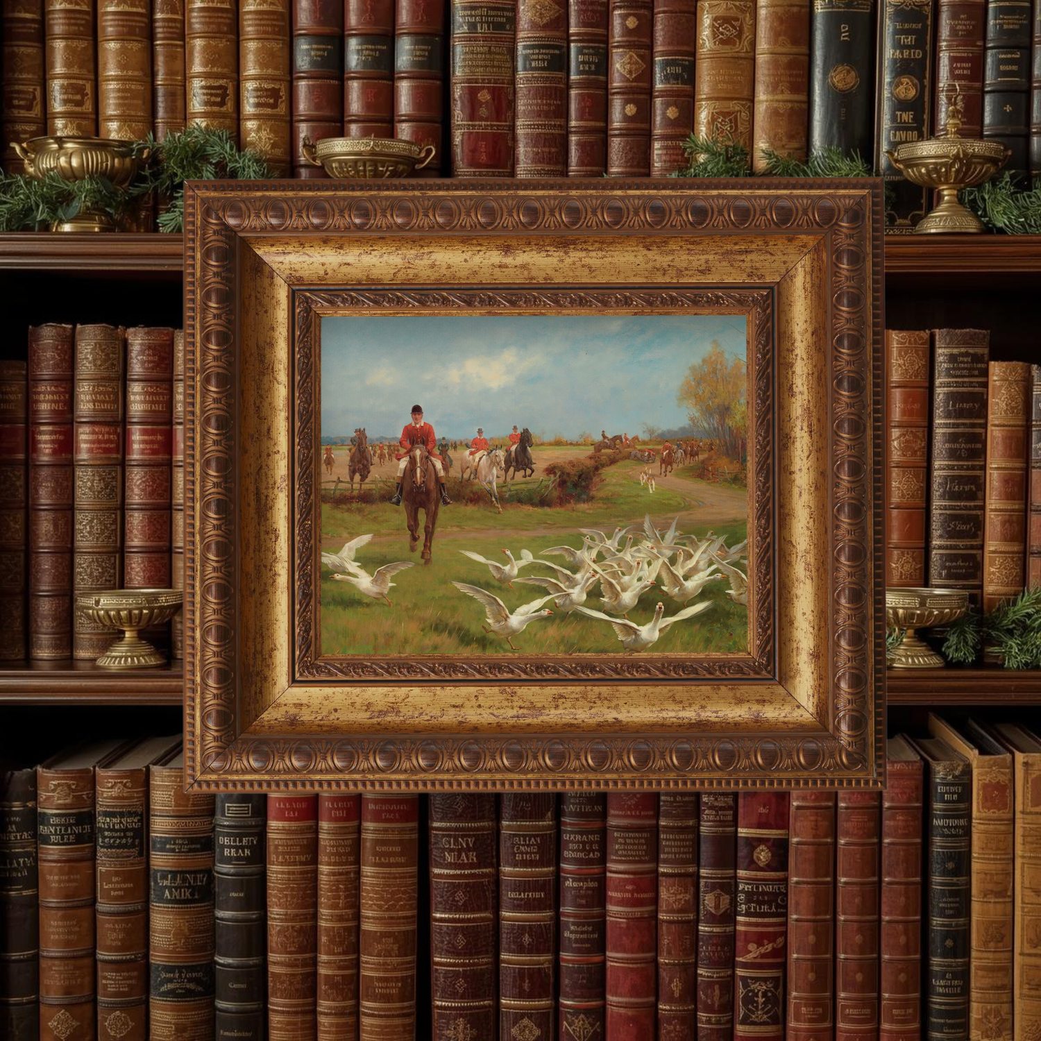 Framed english painting of a pastoral scene with people on horseback and birds, displayed among antique books in a study