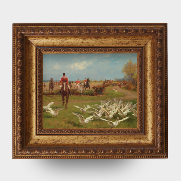 A reproduction of 'Away! Away!' by Thomas Blinks in a Gothic Aged Gold frame on a white background.