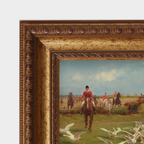 Close-up of the amber-toned antique frame and the fine linen canvas texture of the hunt scene.