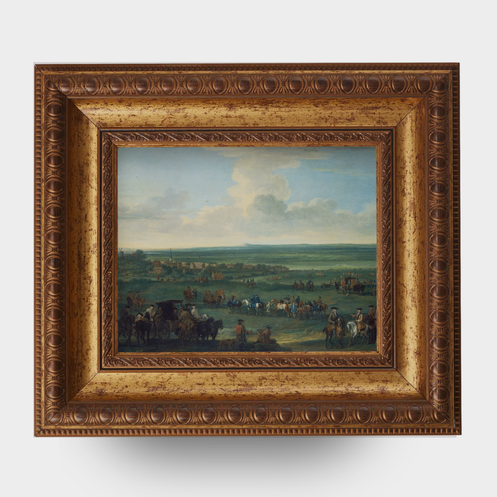 A reproduction of George I at Newmarket by John Wootton in an antique Aged Gold frame on a white background.