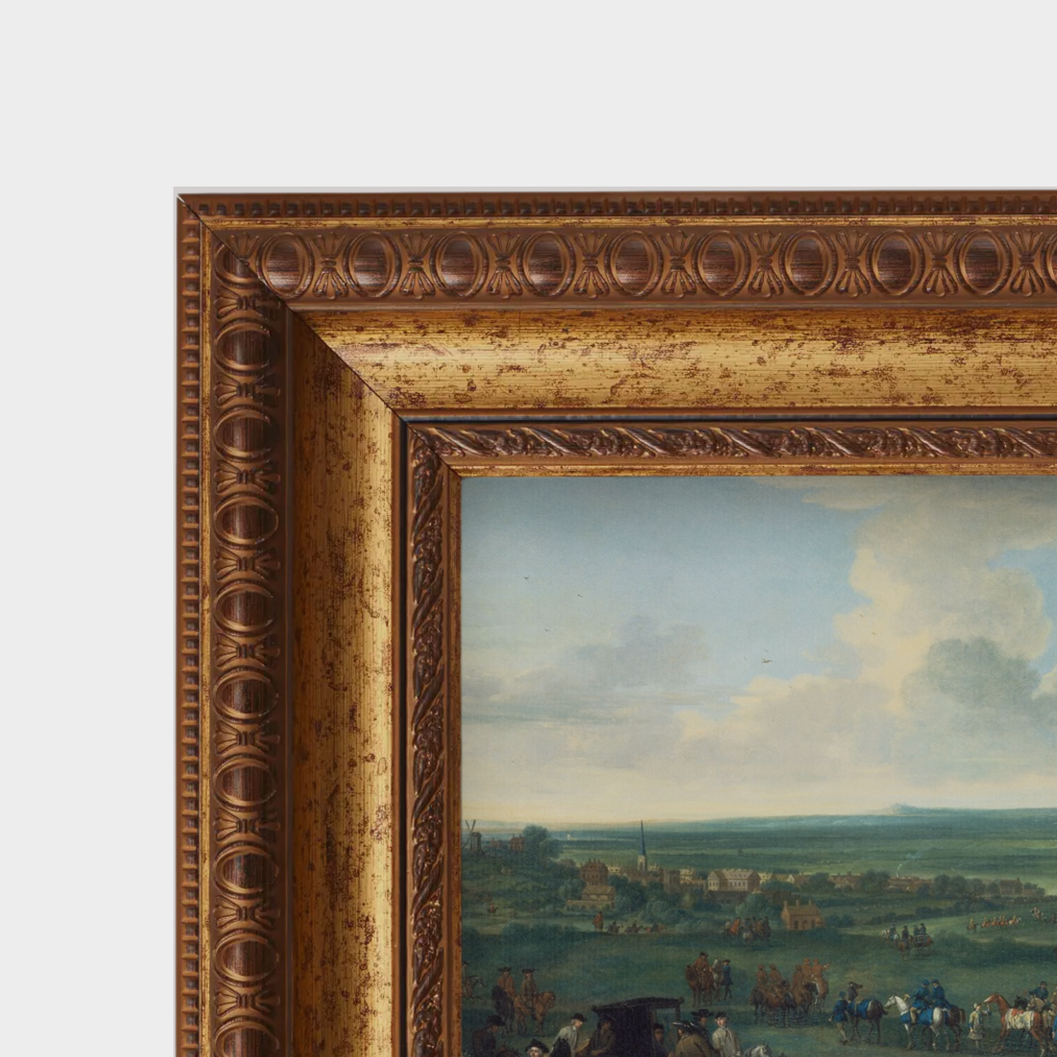 Close-up of the amber-toned gold frame detail and the authentic linen canvas texture of the royal horse racing scene.