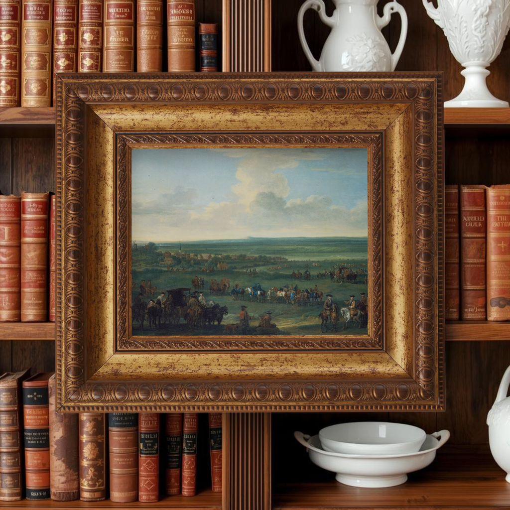 18th-century royal equestrian art in a gold antique frame styled on a bookshelf with leather bound books and antique vases