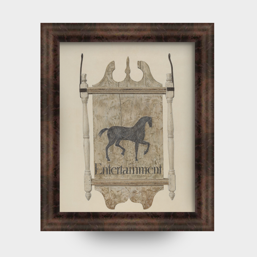 Framed artwork with a horse illustration and 'Entertainment' text on a white background