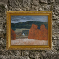 the Autumn No. 01 art print framed and styled in a moody, rustic room setting against a textured natural stone wall background.