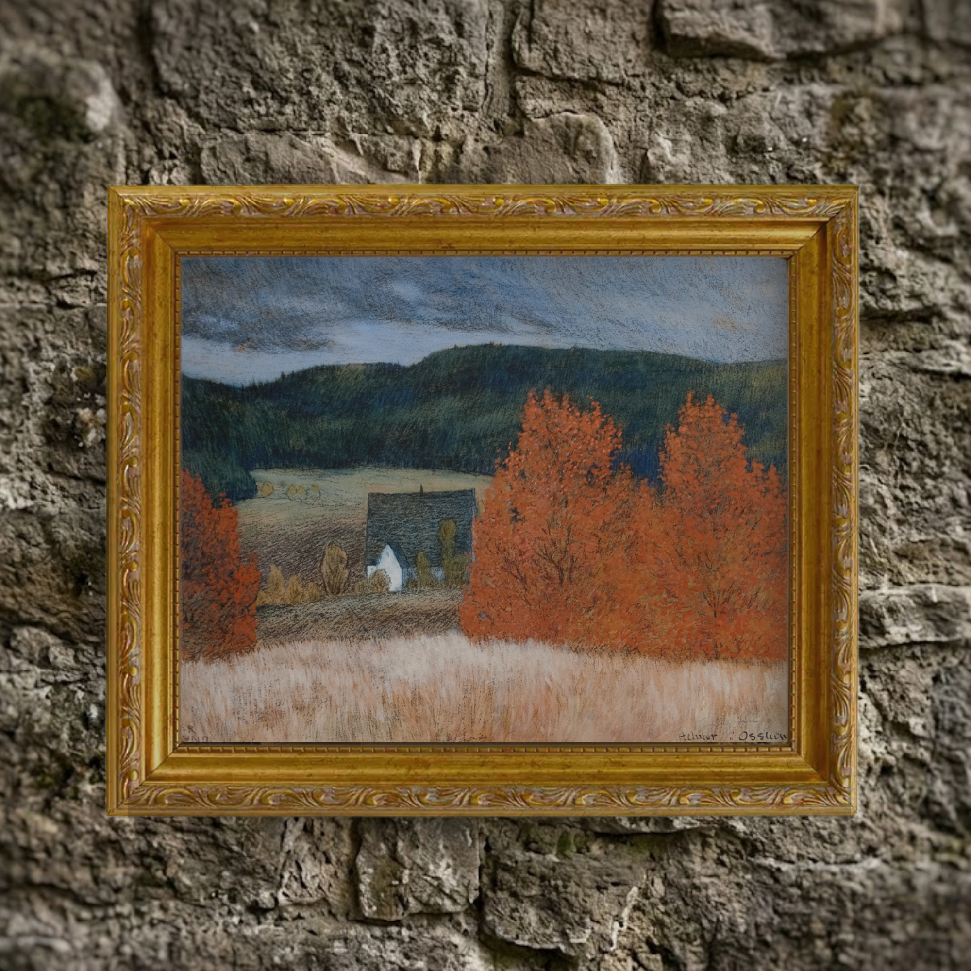 the Autumn No. 01 art print framed and styled in a moody, rustic room setting against a textured natural stone wall background.