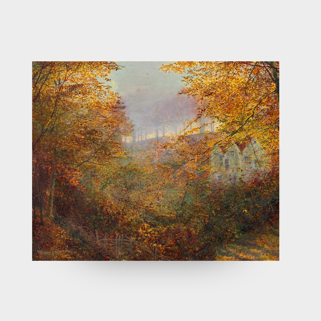 A full-facing view of the Autumn No. 02 landscape art print featuring a secluded house in a moody autumn clearing, displayed against a clean, neutral solid background.