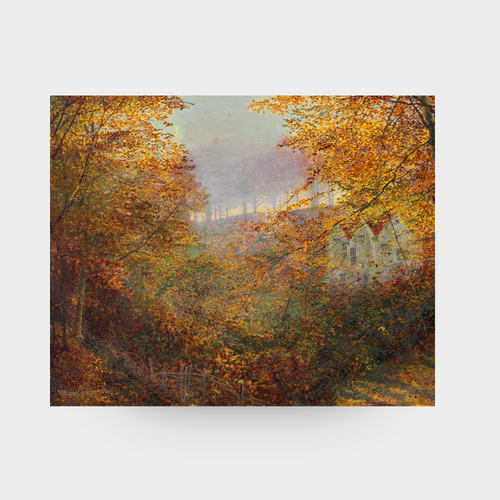 A full-facing view of the Autumn No. 02 landscape art print featuring a secluded house in a moody autumn clearing, displayed against a clean, neutral solid background.