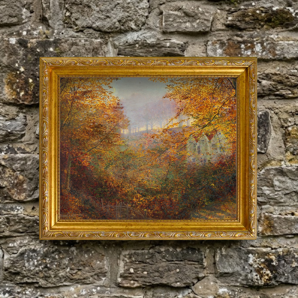 The Autumn No. 02 fall art print framed and styled in a moody, rustic room setting against a textured natural stone wall background.