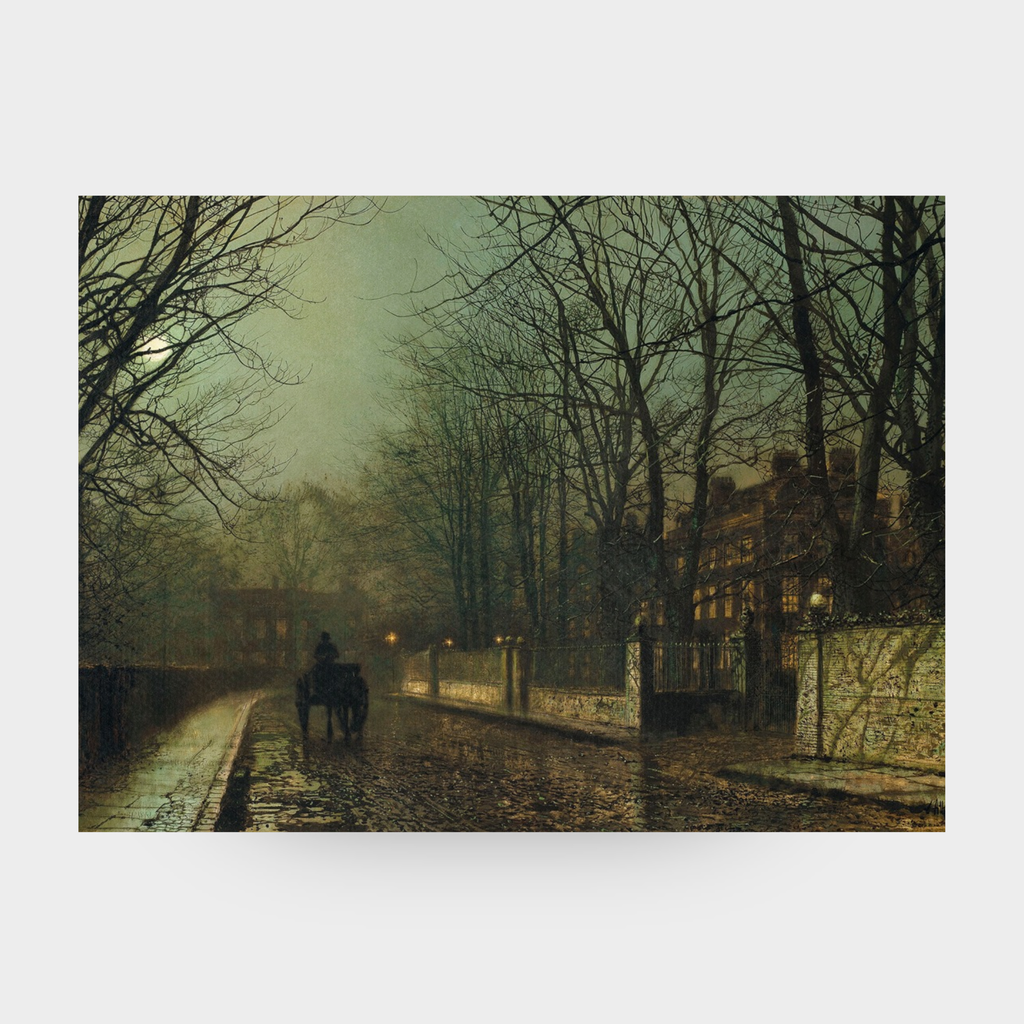 A full-facing view of the Autumn No. 03 landscape art print featuring a rain-slicked road under a wet autumn moon, displayed against a clean, neutral solid background.
