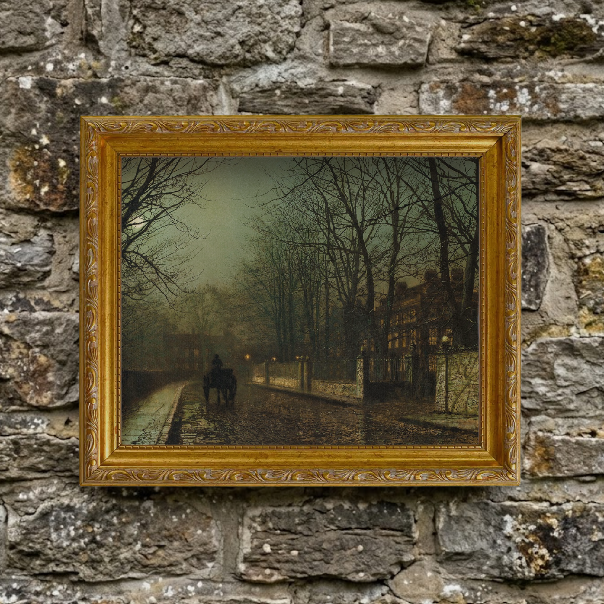 The Autumn No. 03 spooky rainy art print framed and styled in a moody, rustic room setting against a textured natural stone wall background.