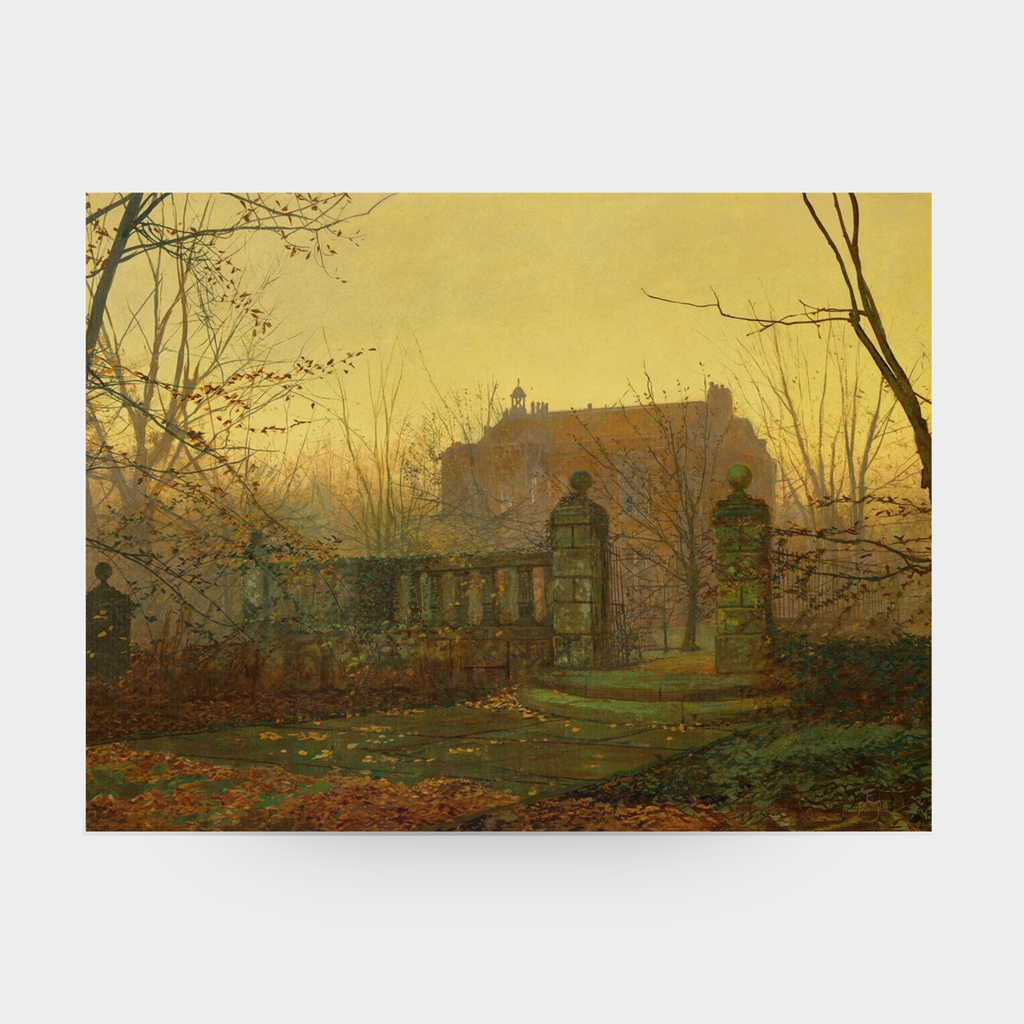 A full-facing view of the Autumn No. 04 landscape art print featuring a golden, misty morning scene, displayed against a clean, neutral solid background.