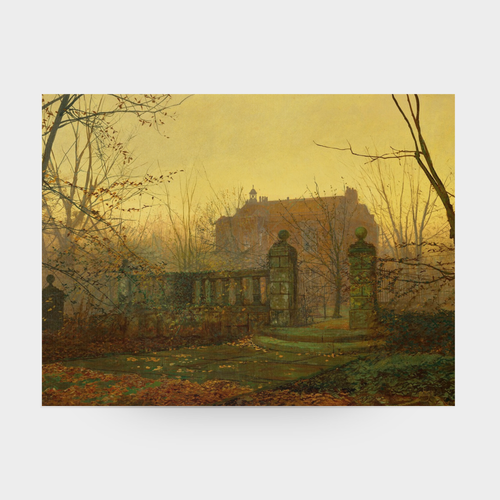 A full-facing view of the Autumn No. 04 landscape art print featuring a golden, misty morning scene, displayed against a clean, neutral solid background.