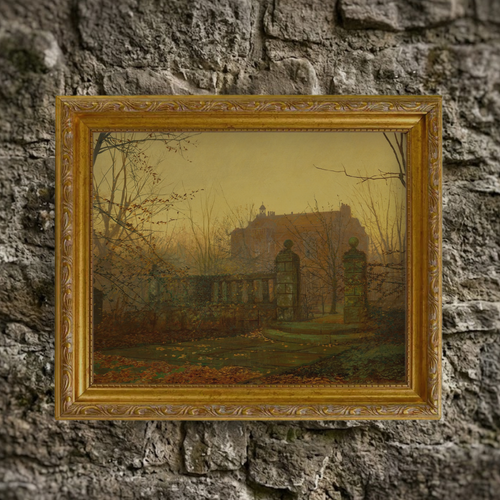 The Autumn No. 04 art print framed and styled in a moody, rustic room setting against a textured natural stone wall background.