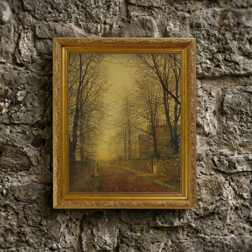 A full-facing view of the Autumn No. 05 city street with leaves on the ground. art print featuring a radiant, golden fall scene, displayed against a textured natural stone wall background.