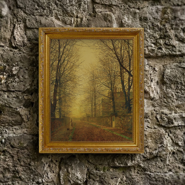 A full-facing view of the Autumn No. 05 city street with leaves on the ground. art print featuring a radiant, golden fall scene, displayed against a textured natural stone wall background.