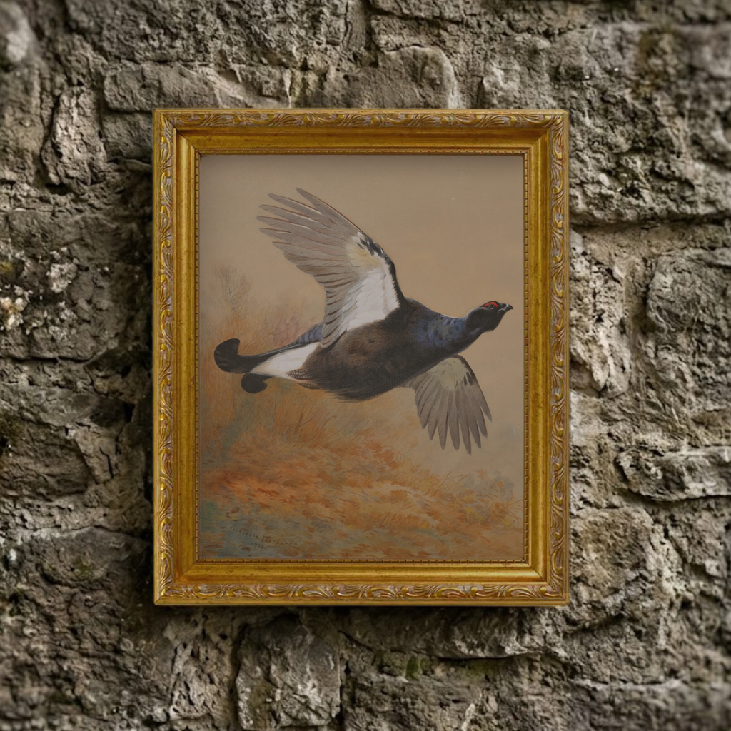 The Autumn No. 06 art print framed and styled in a moody, rustic room setting against a textured natural stone wall background.
