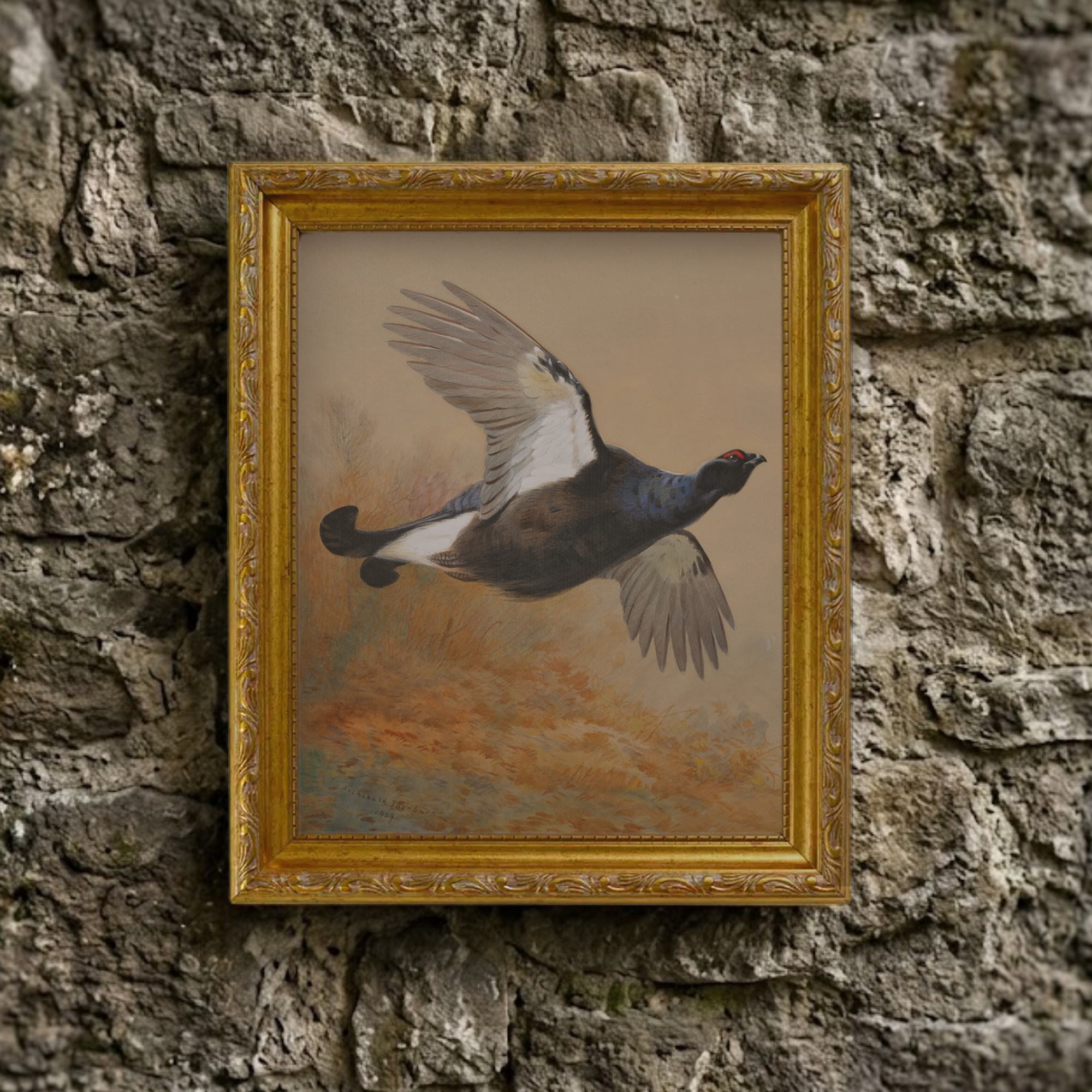 The Autumn No. 06 art print framed and styled in a moody, rustic room setting against a textured natural stone wall background.