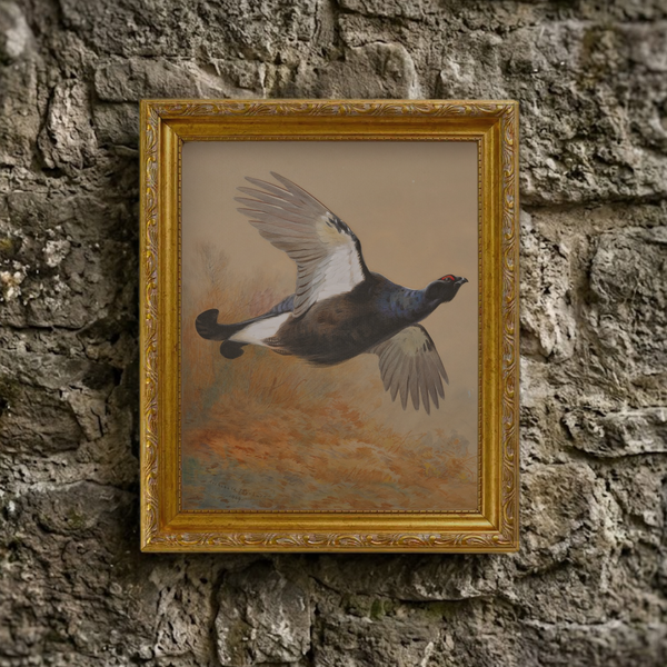 The Autumn No. 06 art print framed and styled in a moody, rustic room setting against a textured natural stone wall background.
