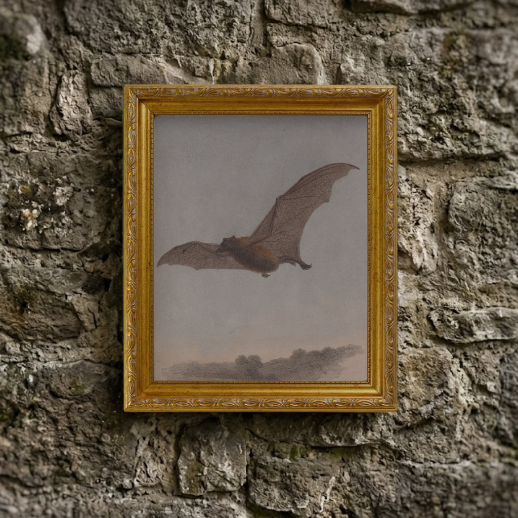 The Autumn No. 07 art print framed and styled in a moody, rustic room setting against a textured natural stone wall background.
