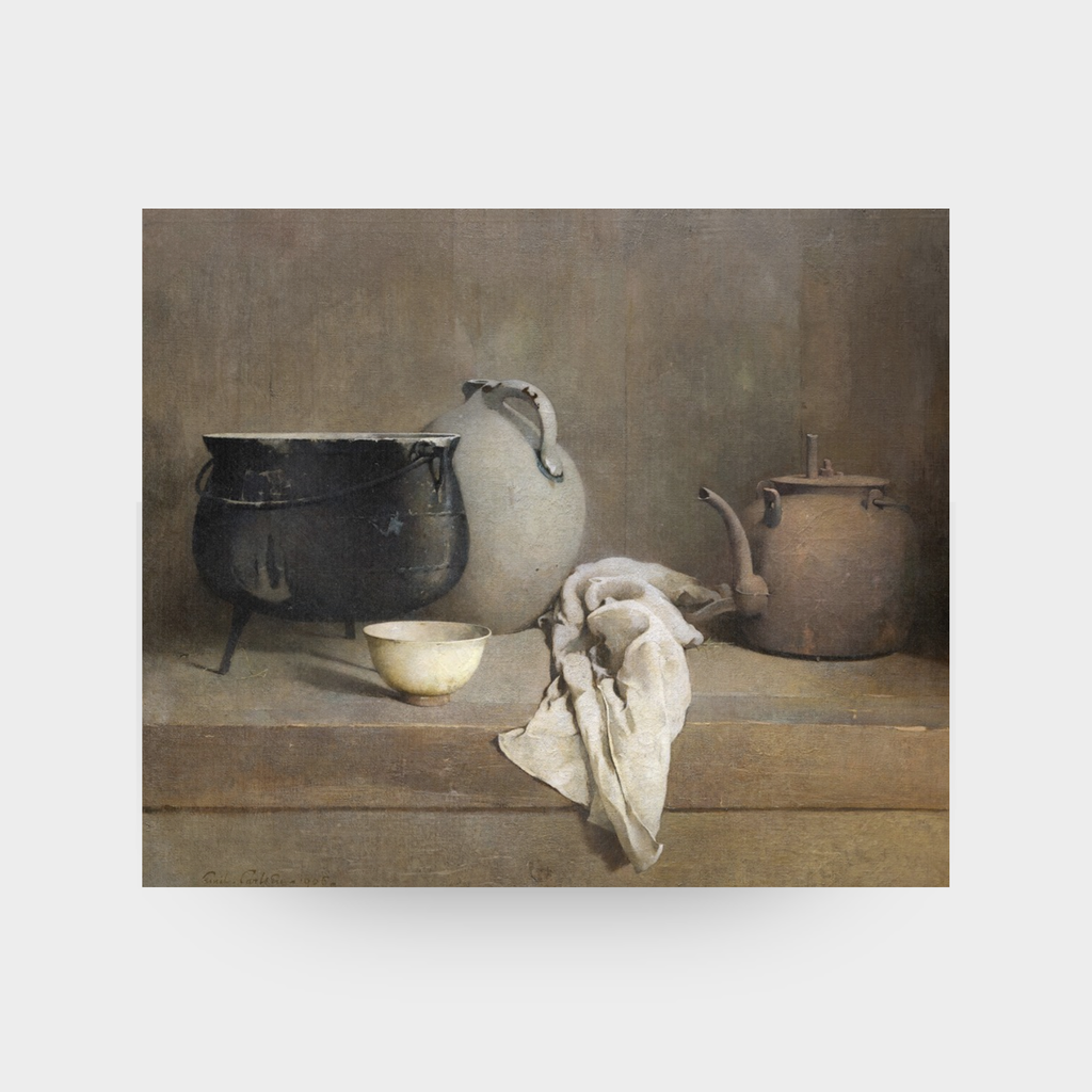 A full-facing view of the Autumn No. 08 art print featuring a moody still life of a cauldron and jug, displayed against a clean, neutral solid background.