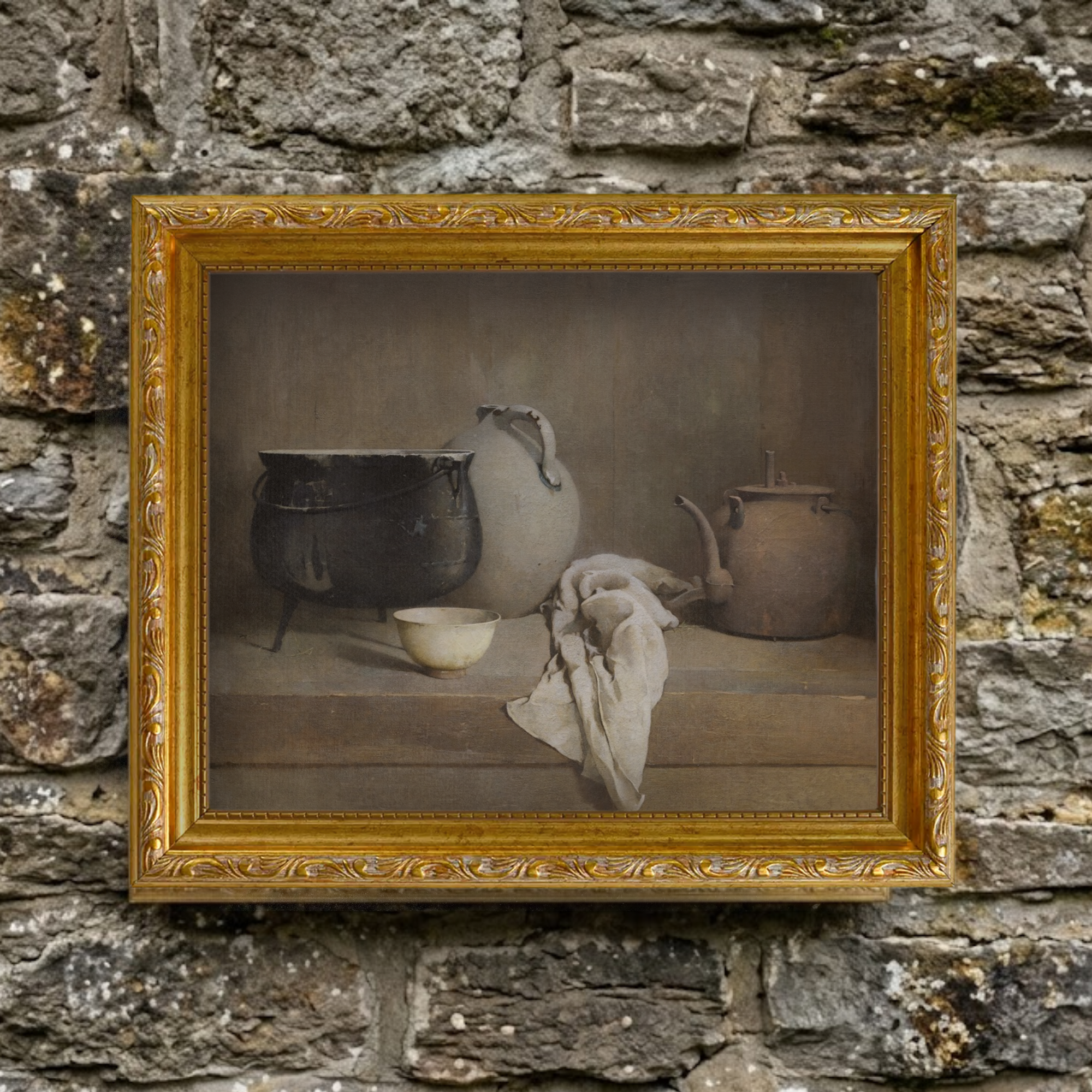 The Autumn No. 08 art print framed and styled in a moody, rustic room setting against a textured natural stone wall background.