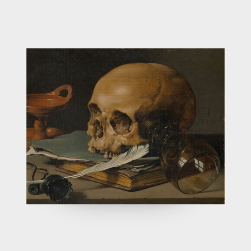 A full-facing view of the Autumn No. 09 art print featuring a dark academia still life with a skull and quill, displayed against a clean, neutral solid background.