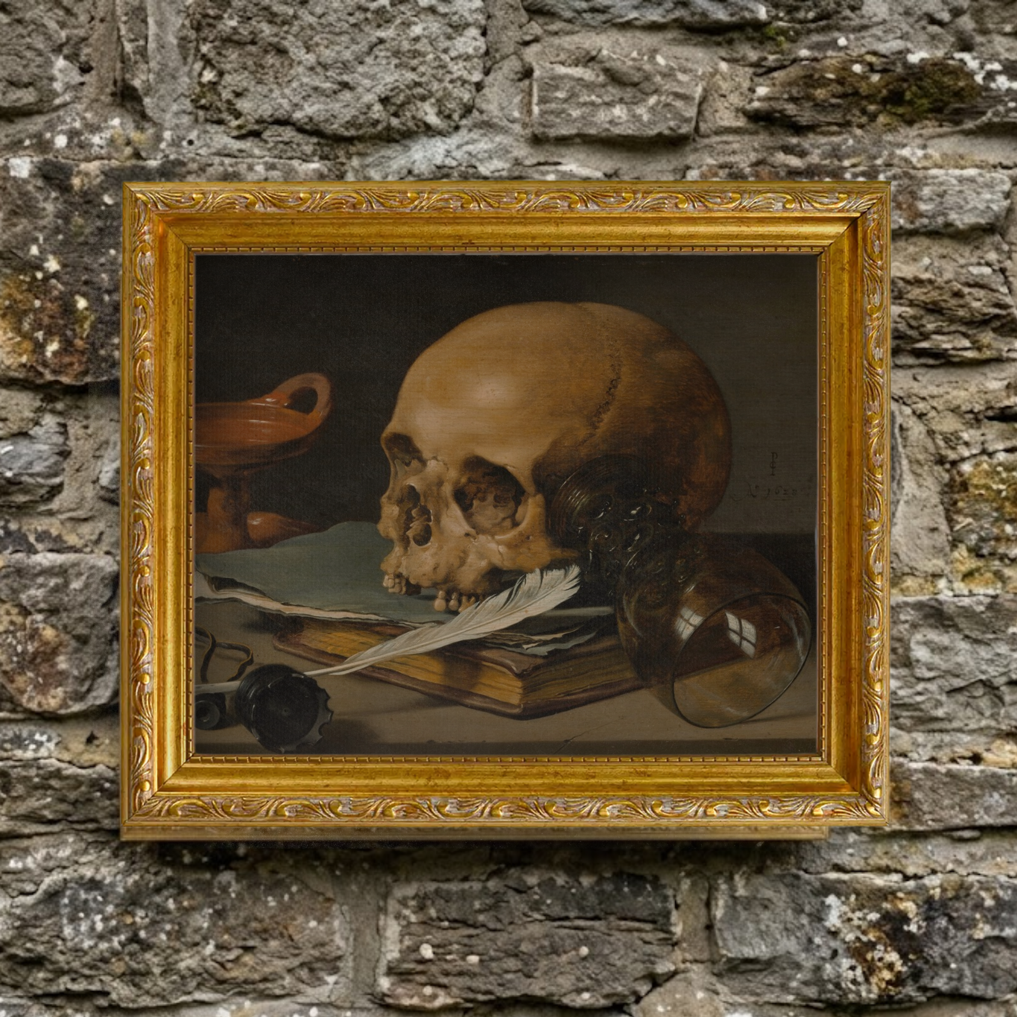 The Autumn No. 09 skull still life art print framed and styled in a moody, rustic room setting against a textured natural stone wall background.