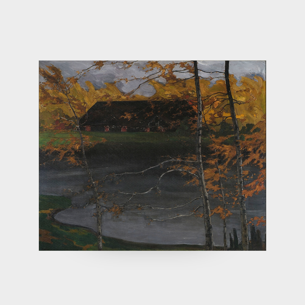 A full-facing view of the Autumn No. 10 landscape art print featuring windswept birch trees and a dark weathered structure, displayed against a clean, neutral solid background.