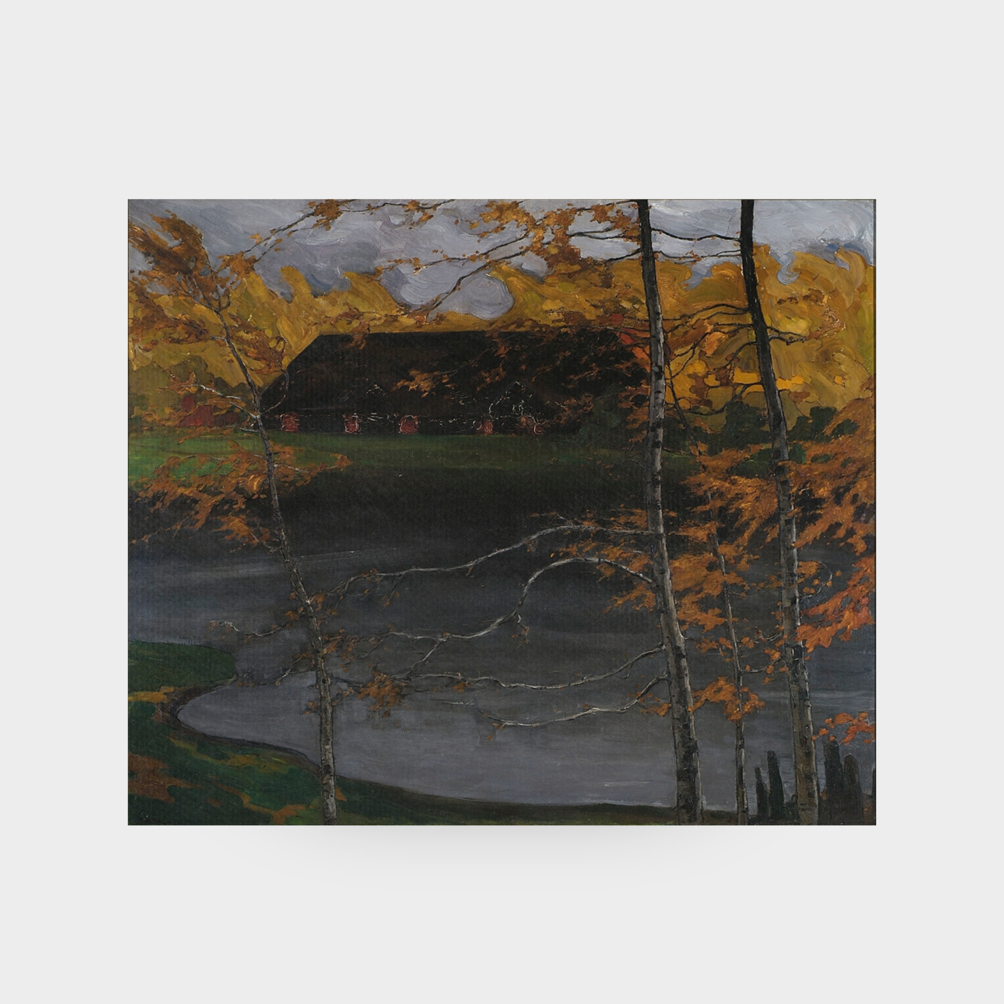 A full-facing view of the Autumn No. 10 landscape art print featuring windswept birch trees and a dark weathered structure, displayed against a clean, neutral solid background.