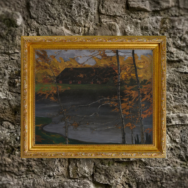 The Autumn No. 10 art print framed and styled in a moody, rustic room setting against a textured natural stone wall background.