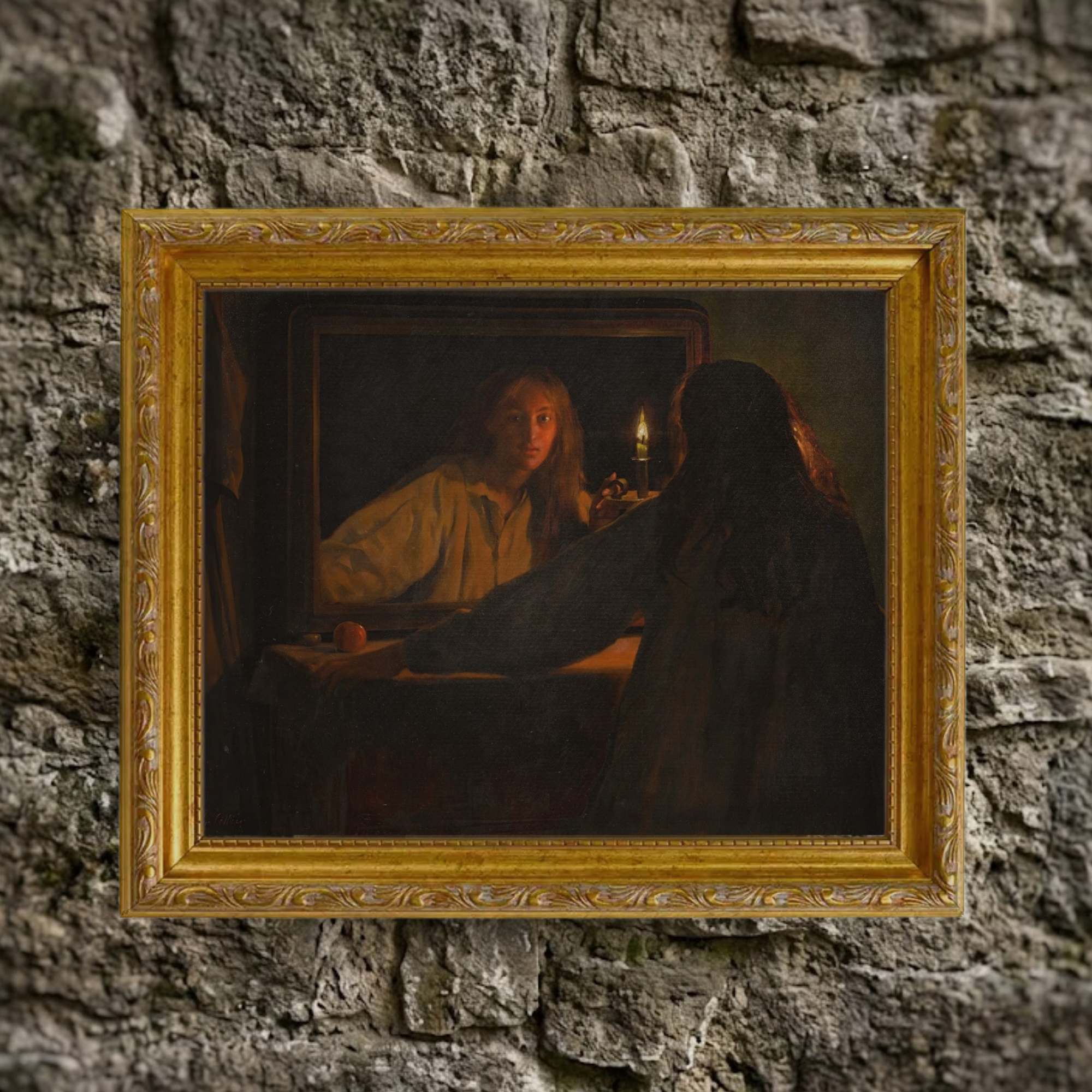 The Autumn No. 11 halloween spooky art print framed and styled in a moody, rustic room setting against a textured natural stone wall background.
