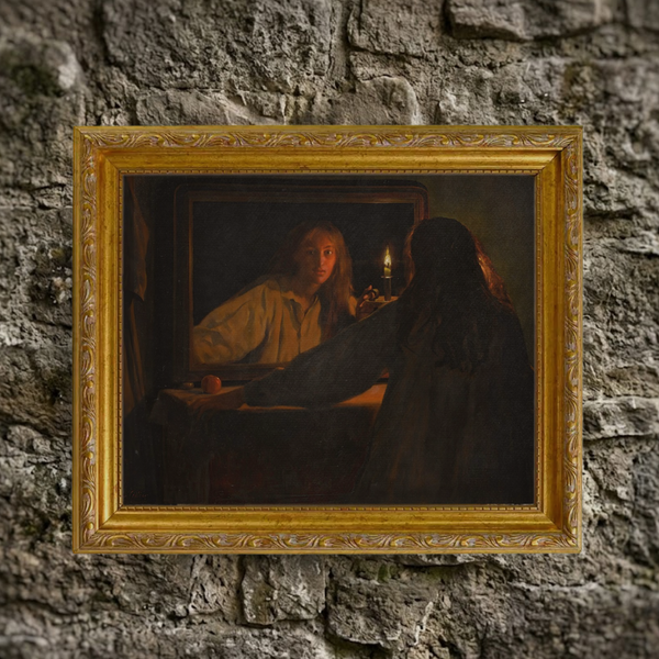 The Autumn No. 11 halloween spooky art print framed and styled in a moody, rustic room setting against a textured natural stone wall background.