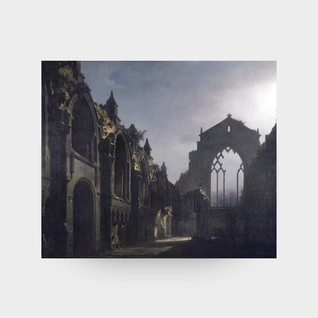 A full-facing view of the Autumn No. 12 art print featuring the warm, dramatic sunlight inside a dark, ruined Gothic chapel, displayed against a clean, neutral solid background.