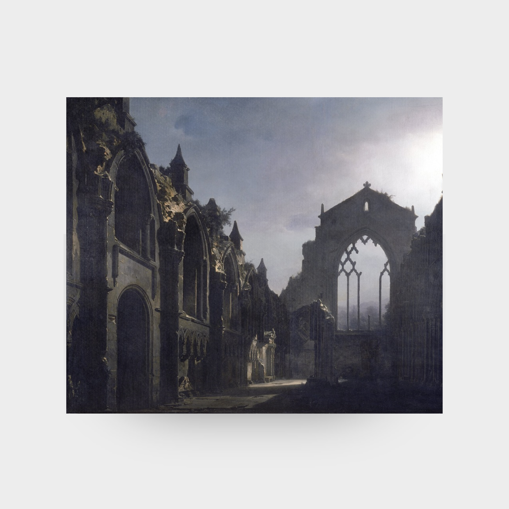 A full-facing view of the Autumn No. 12 art print featuring the warm, dramatic sunlight inside a dark, ruined Gothic chapel, displayed against a clean, neutral solid background.