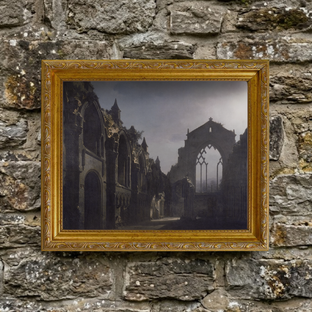 The Autumn No. 12 art print framed of a gothic cathedral styled in a moody, rustic room setting against a textured natural stone wall background.