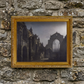 The Autumn No. 12 art print framed of a gothic cathedral styled in a moody, rustic room setting against a textured natural stone wall background.