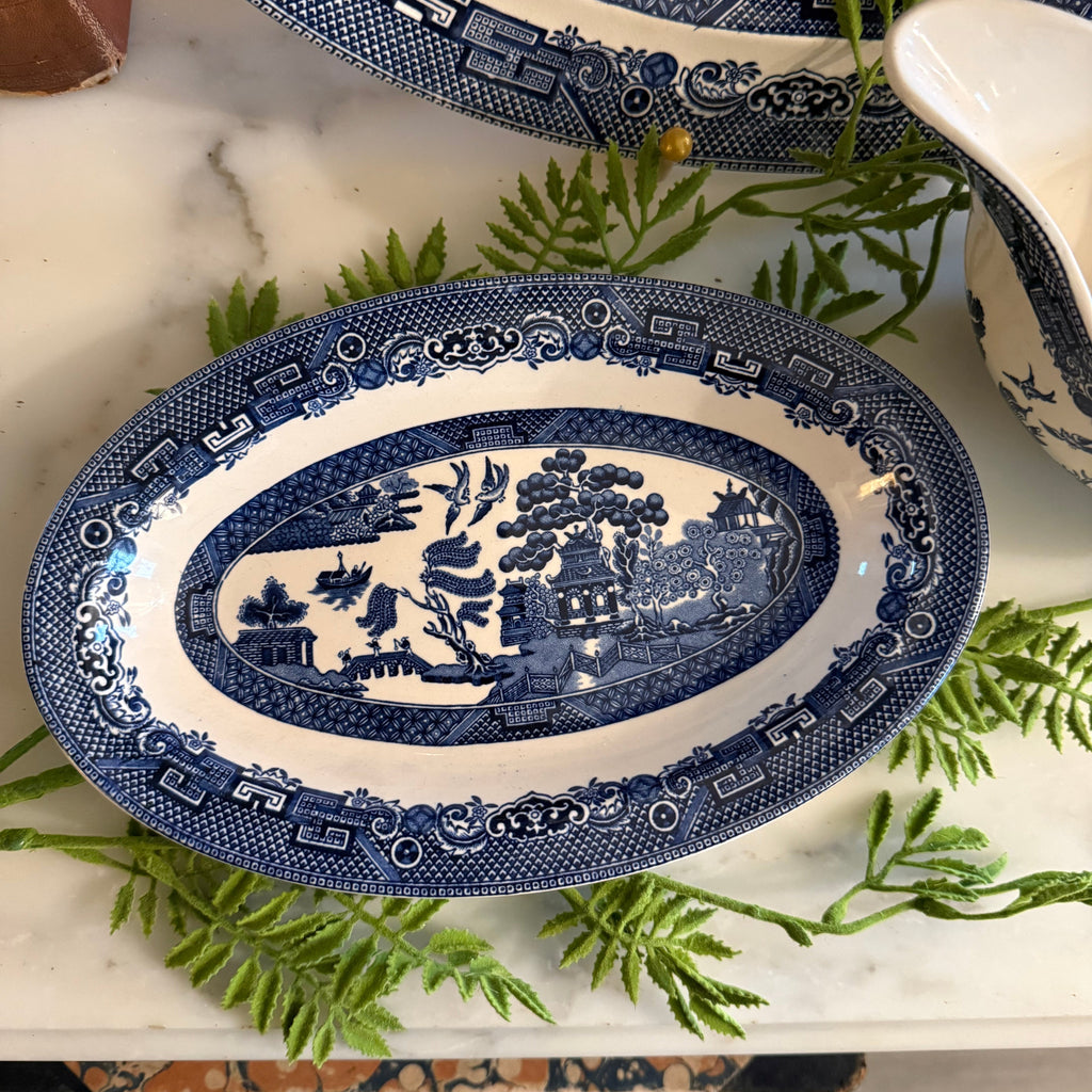 Top-down view of the Blue Willow gravy boat showing the handle and pour spout detail.