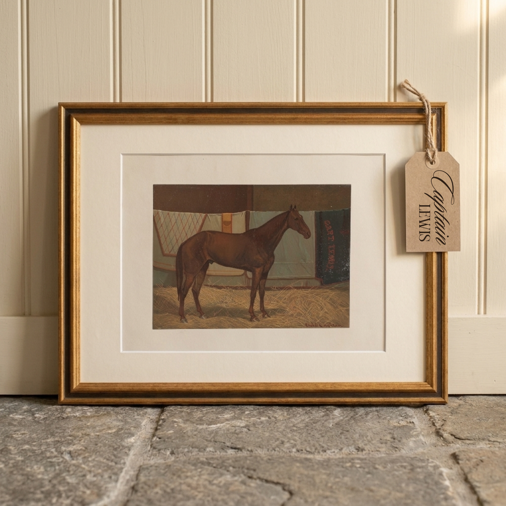 A framed vintage print of a brown horse, shown leaning against a cream paneled wall on a stone floor. The print has a white mat and is enclosed in a gold frame, with a hanging paper tag that reads 'Captain Lewis'.