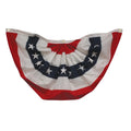 Four by two foot pleated nylon Americana bunting fan featuring stitched red, white, and blue stripes with embroidered white stars and gold hanging grommets.